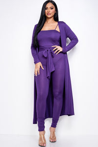 Solid Heavy Rayon Spandex Spaghetti Strap Jumpsuit With Waist Tie And Duster 2 Piece Set