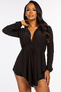 Solid Collared Long Sleeve Shirt With Waist Tie And Short Two Piece Set