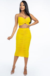 Solid Ruched Spaghetti Strap Tank Top And Midi Skirt Two Piece Set